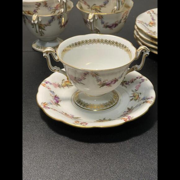 T&V Limoges Antique 5 Gilded Fruit Wreath Cups Saucers Bouillon Chocolate Tea